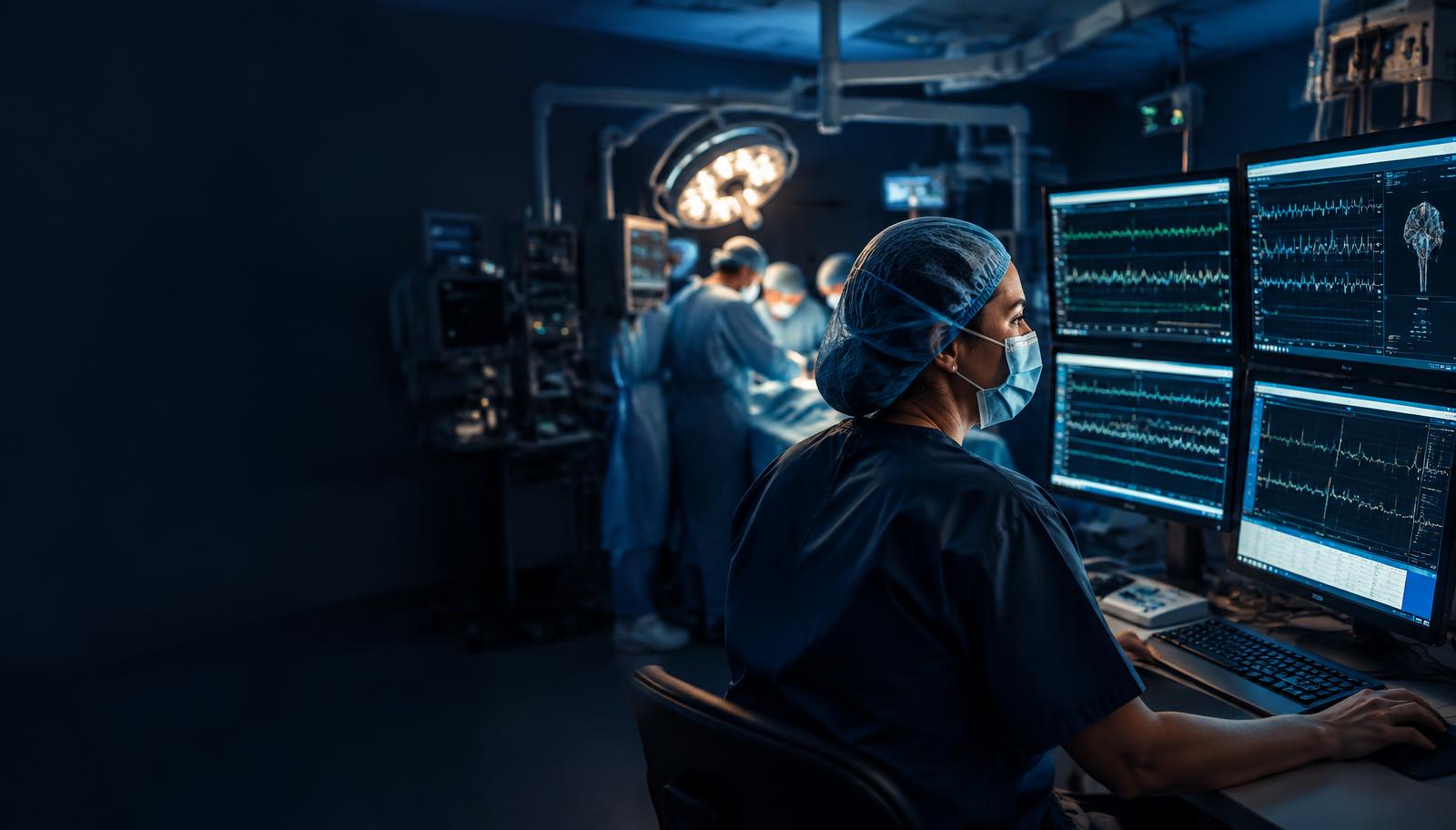 Profissional acompanhando sinais neurofisiológicos durante uma cirurgia